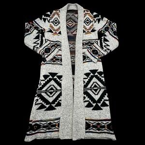 On Blue Cardigan Women S Gray Southwestern Aztec Longline Open Front Sweater